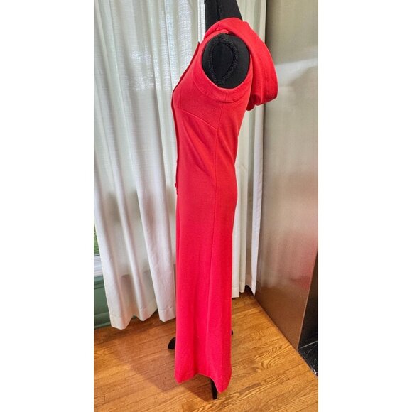 Vintage 1960s maxi dress, warm cherry red, Mod minimalist, hooded gown - Picture 5 of 9